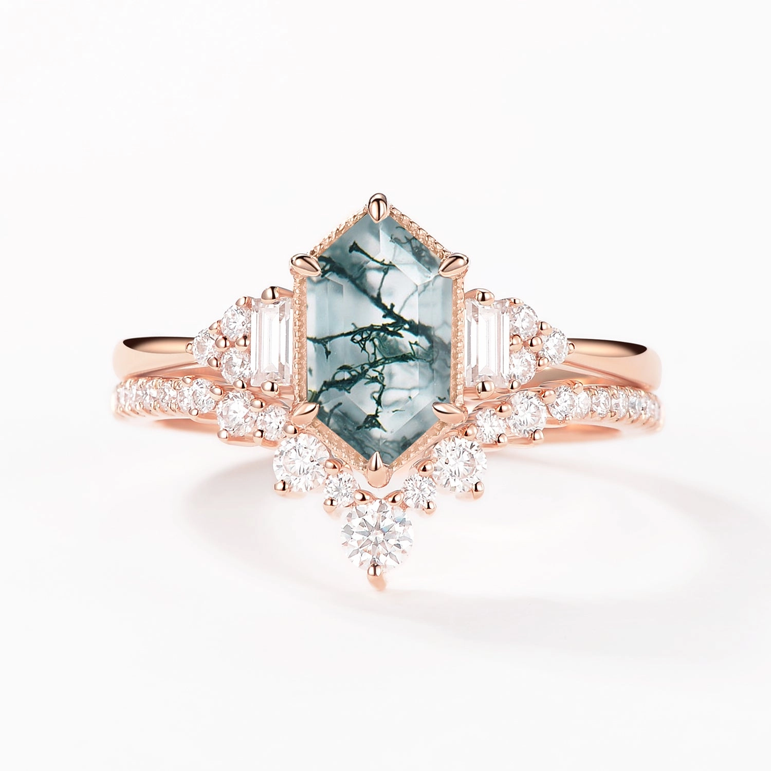 Long Hexagon Moss Agate Milgrain Engagement Ring Set 2pcs Trendy Finish Elegant Gift