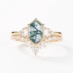Long Hexagon Moss Agate Milgrain Engagement Ring Set 2pcs Crystal Clear