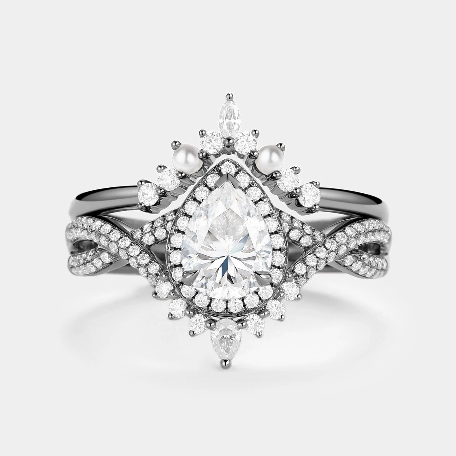 1.5ct Pear Moissanite & Pearl Halo Infinity Ring Set 2pcs Travel Style Shimmering Highlight