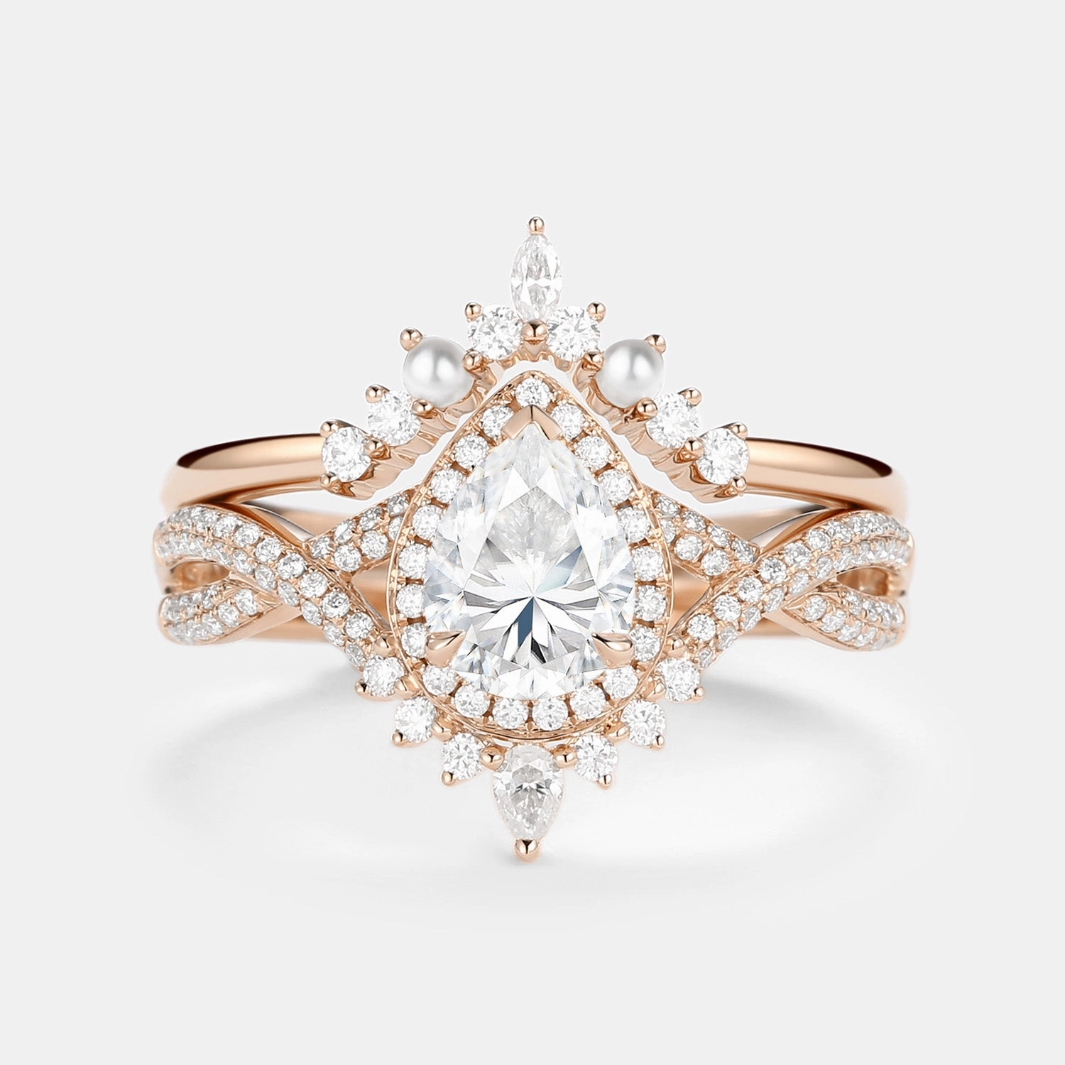 1.5ct Pear Moissanite & Pearl Halo Infinity Ring Set 2pcs Sophisticated Embellishments