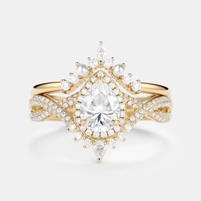 Romantic Design Flawless Radiance 1.5ct Pear Moissanite & Pearl Halo Infinity Ring Set 2pcs