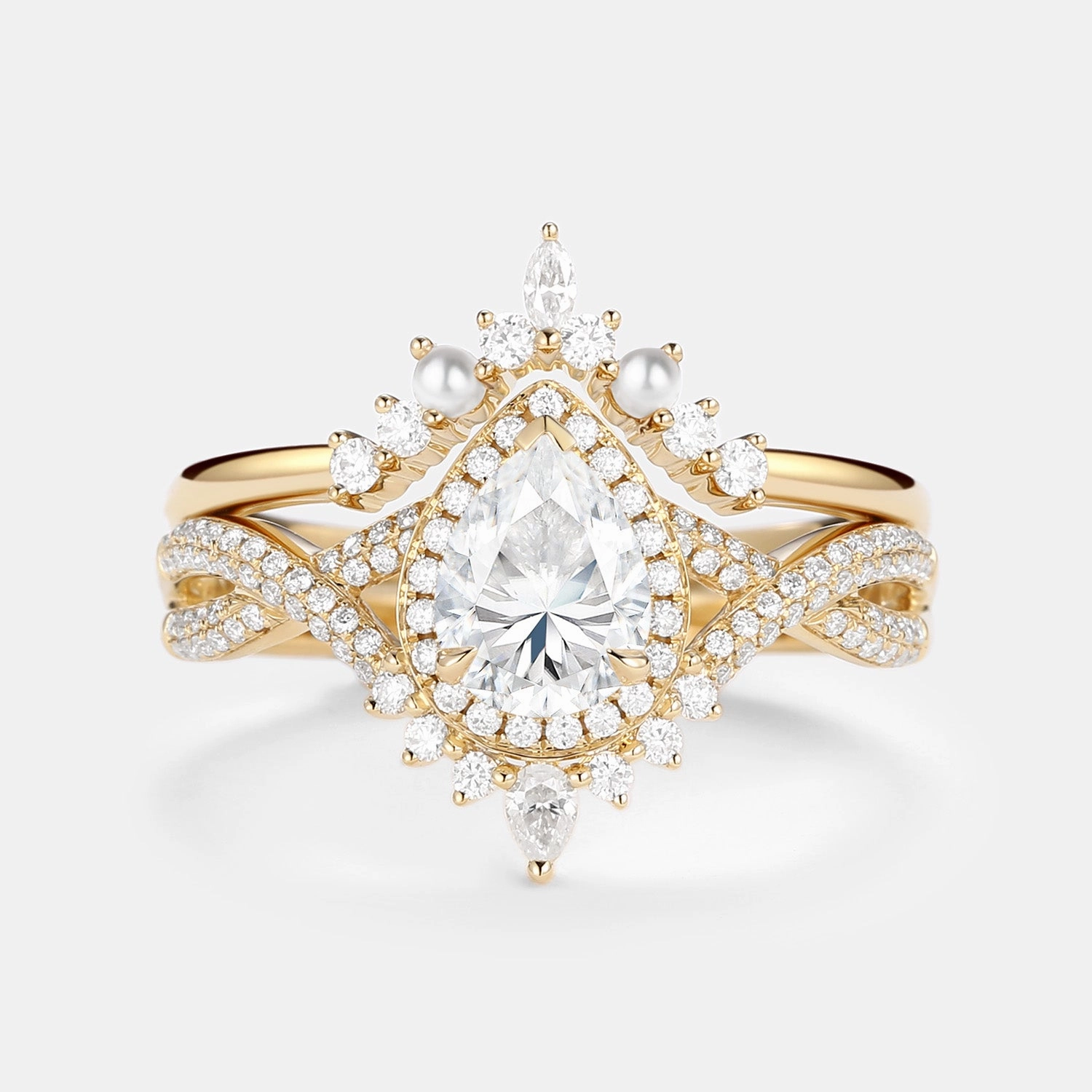 Romantic Design Flawless Radiance 1.5ct Pear Moissanite & Pearl Halo Infinity Ring Set 2pcs