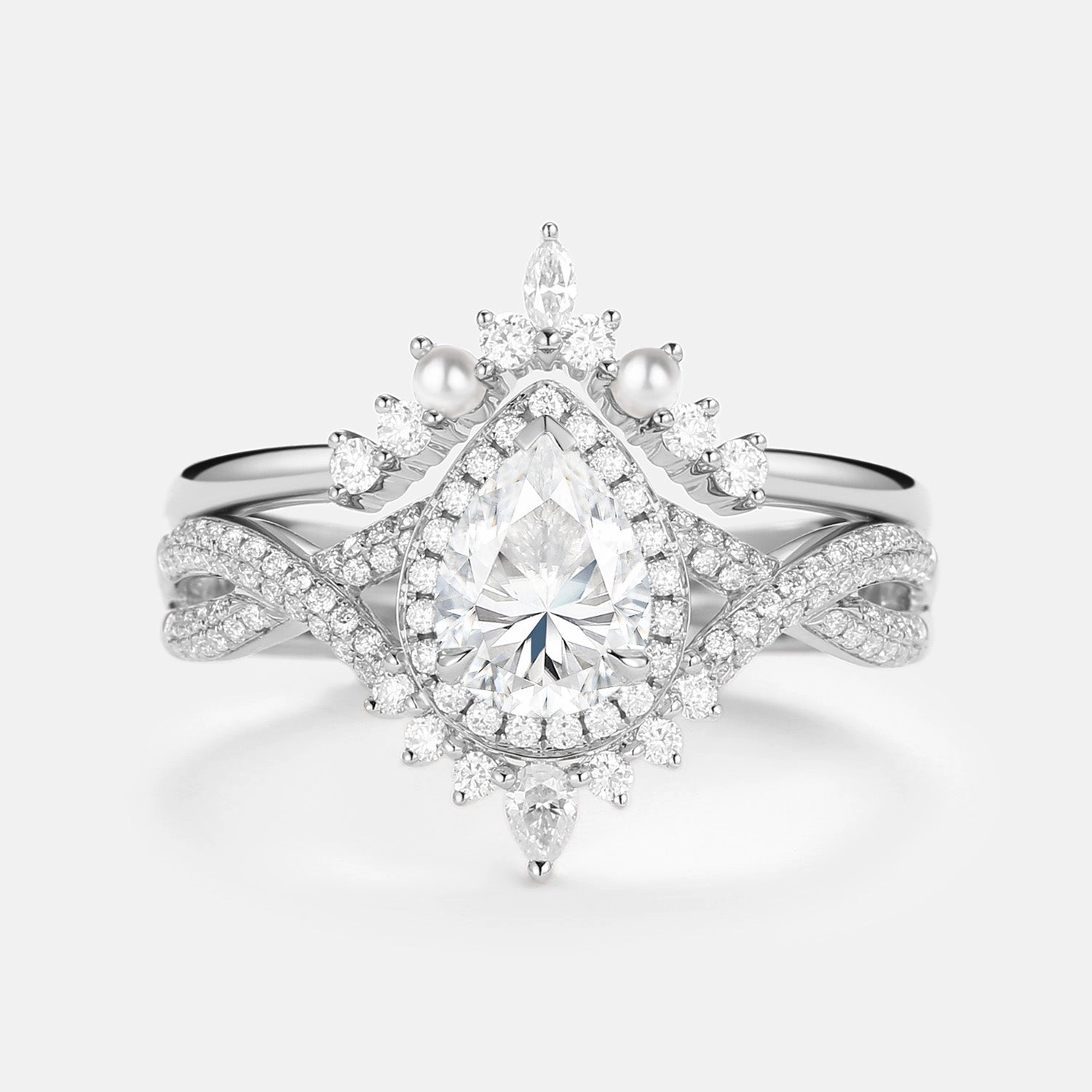 1.5ct Pear Moissanite & Pearl Halo Infinity Ring Set 2pcs Gentle Accent Special Gift