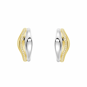 Two-Tone Semi Hoop Eearrings with Edge-Stitched Diamonds Inspired Touch