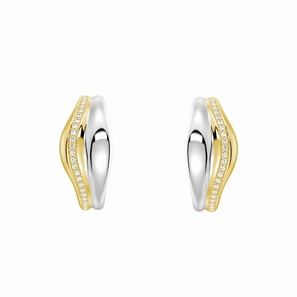 Two-Tone Semi Hoop Eearrings with Edge-Stitched Diamonds Inspired Touch