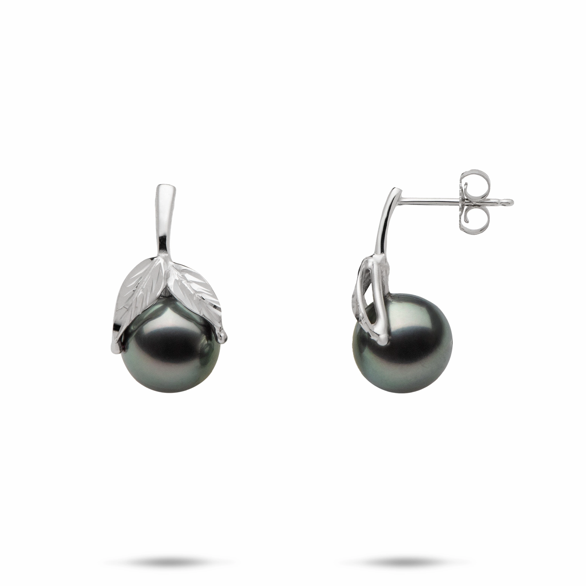 Chic Look Maile Tahitian Black Pearl Earrings in White Gold - 9-10mm
