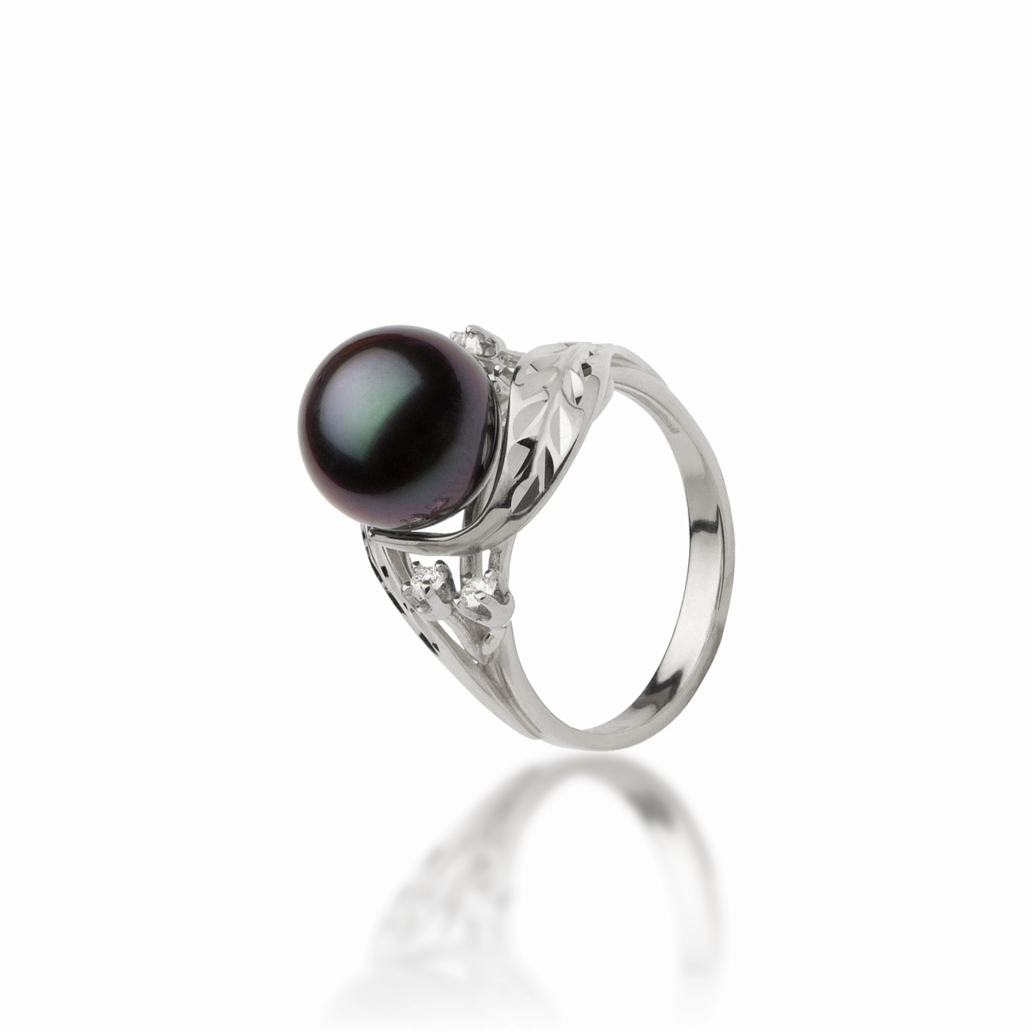 Affordable Article Perfect Choice Maile Tahitian Black Pearl Ring in White Gold with Diamonds - 9-10mm
