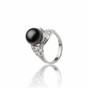 Timeless Proportion Maile Tahitian Black Pearl Ring in White Gold with Diamonds - 9-10mm