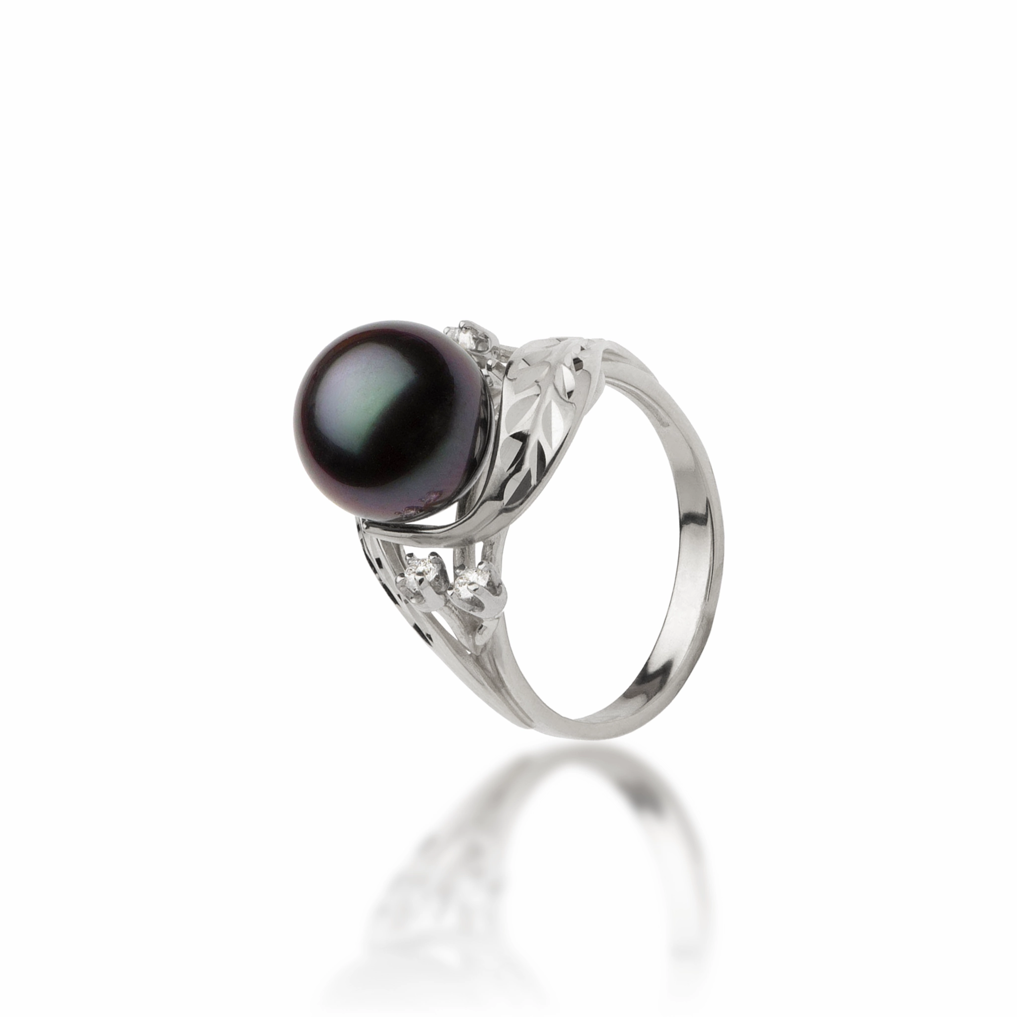 Special Care Maile Tahitian Black Pearl Ring in White Gold with Diamonds - 9-10mm