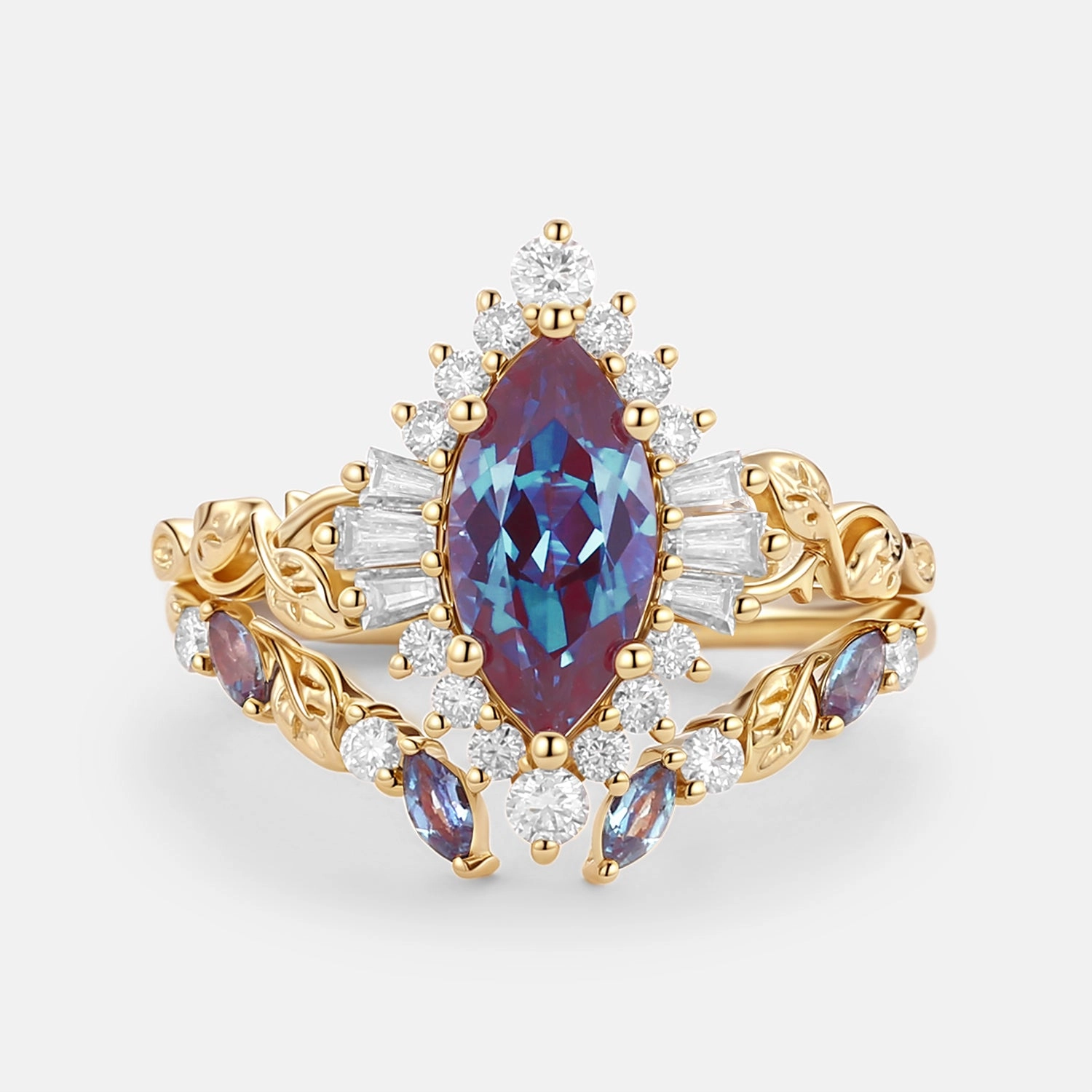 Bright design Marquise Cut Lab Alexandrite Leafy Engagement Ring Sets 2pcs - Thorn