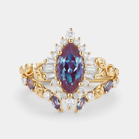 Bright design Marquise Cut Lab Alexandrite Leafy Engagement Ring Sets 2pcs - Thorn