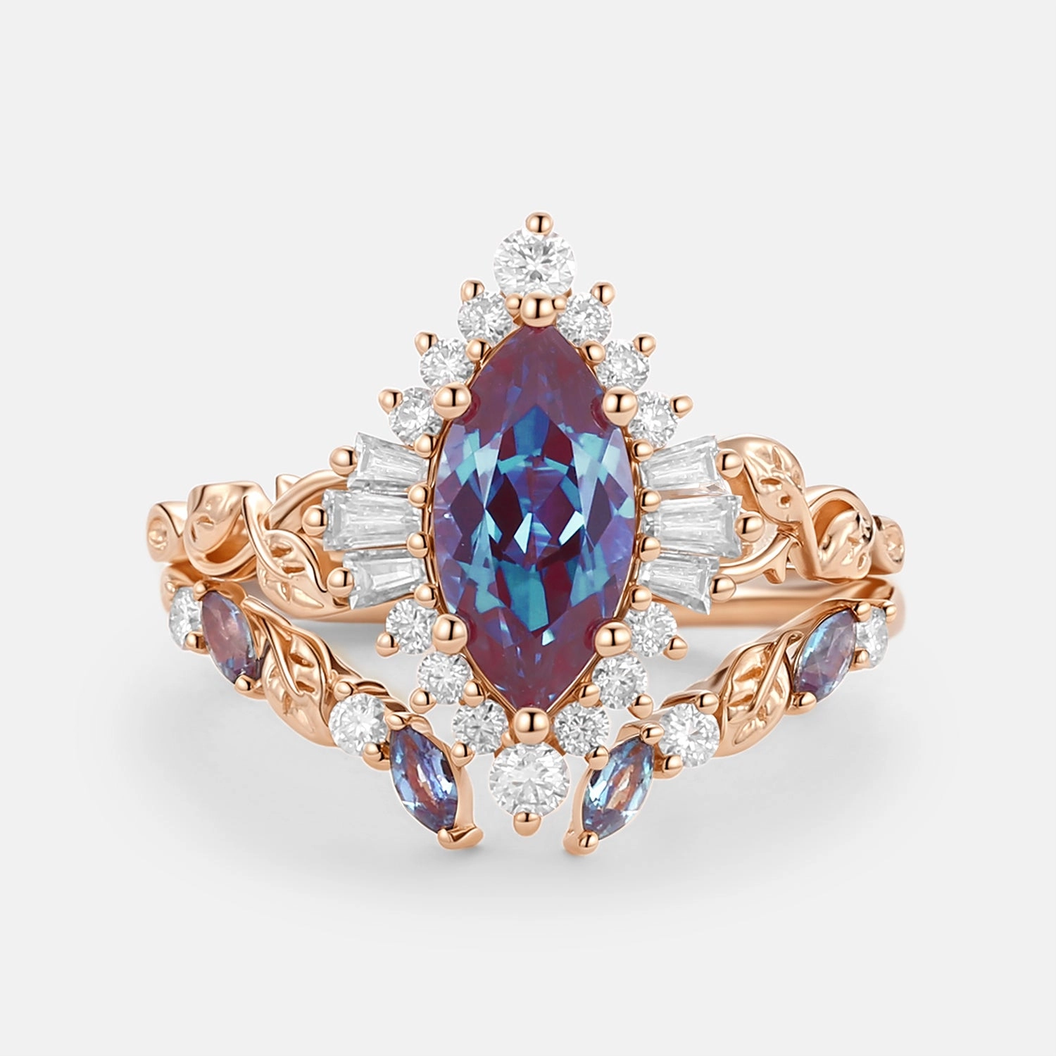 Marquise Cut Lab Alexandrite Leafy Engagement Ring Sets 2pcs - Thorn Minimal Charm