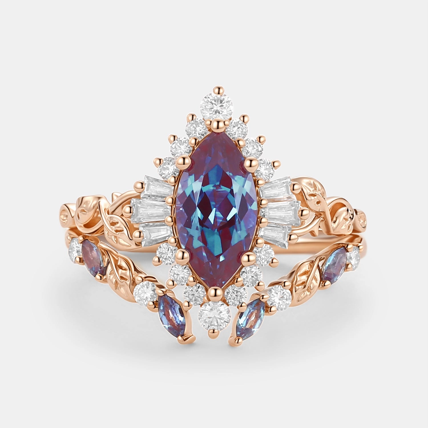 Artistic Mood Marquise Cut Lab Alexandrite Leafy Engagement Ring Sets 2pcs - Thorn
