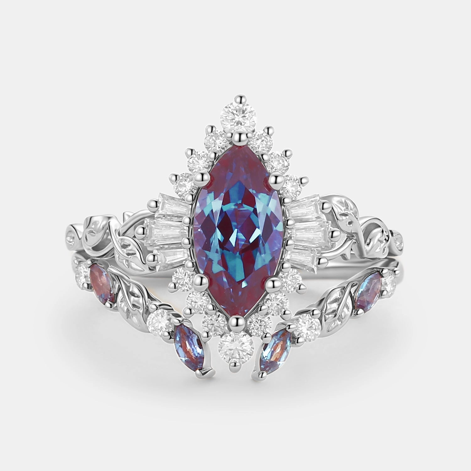 Romantic Glow Signature Style Marquise Cut Lab Alexandrite Leafy Engagement Ring Sets 2pcs - Thorn