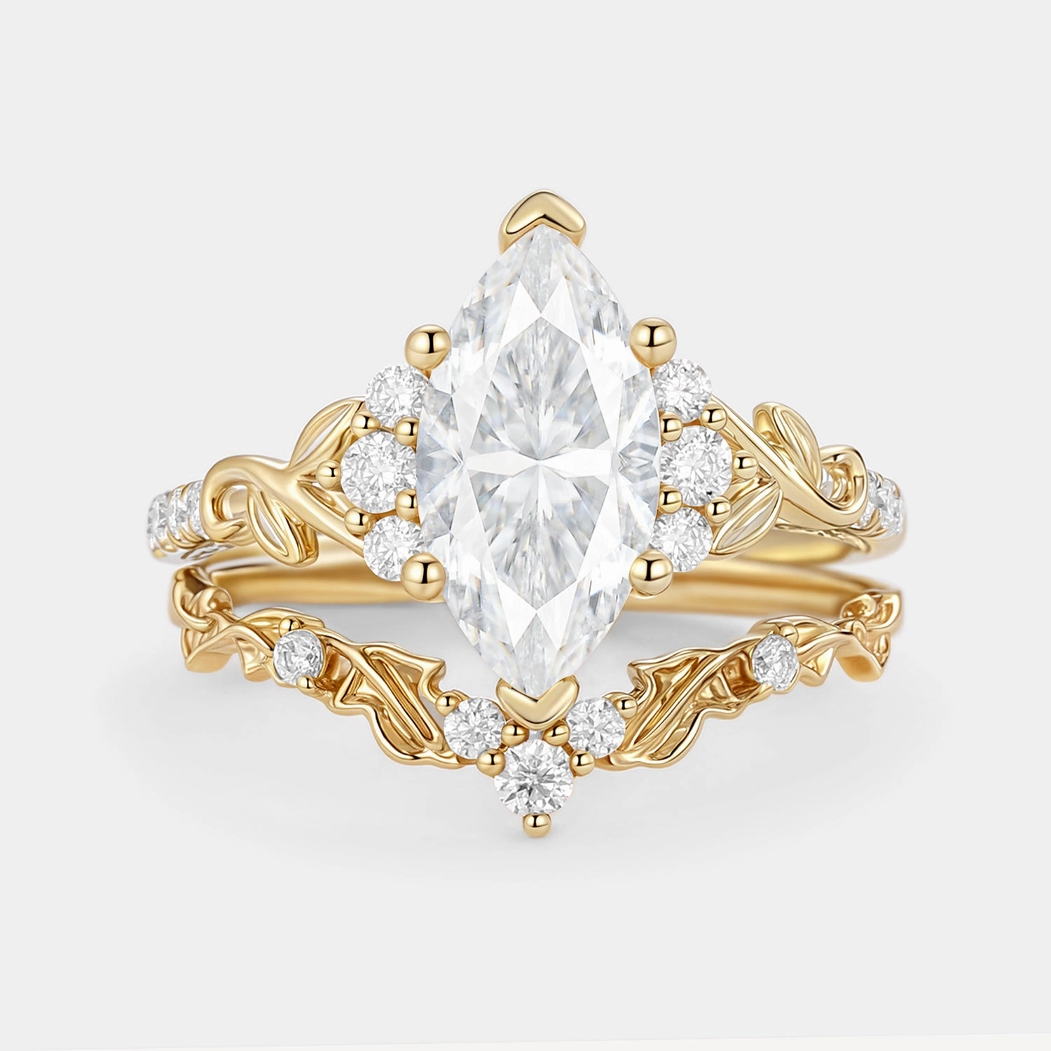 Birthday gift Elegant Craft Marquise Cut Lab Emerald Leafy Engagement Ring Sets 2pcs