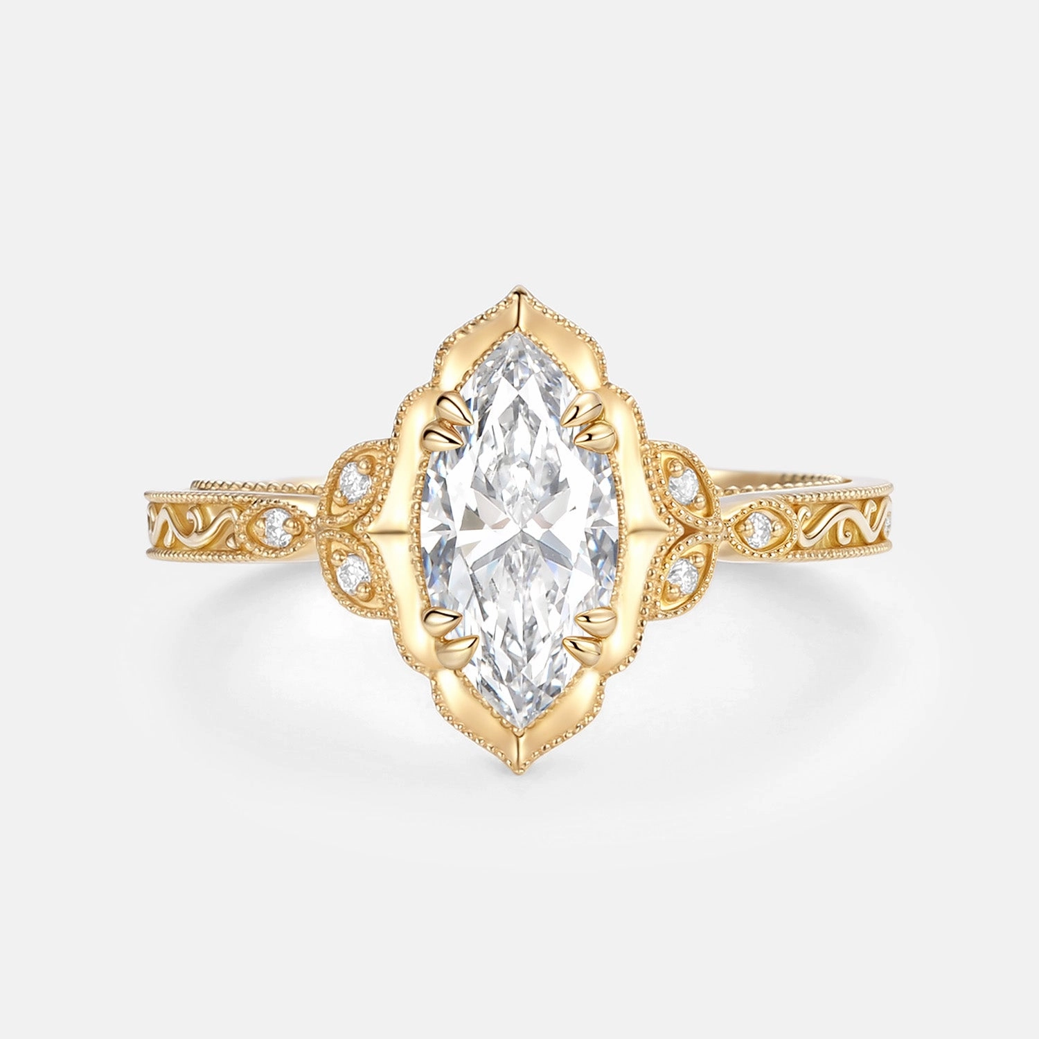 Luxury Flow Marquise Cut Lab Grown Diamond Engraved Engagement Ring - Eclat