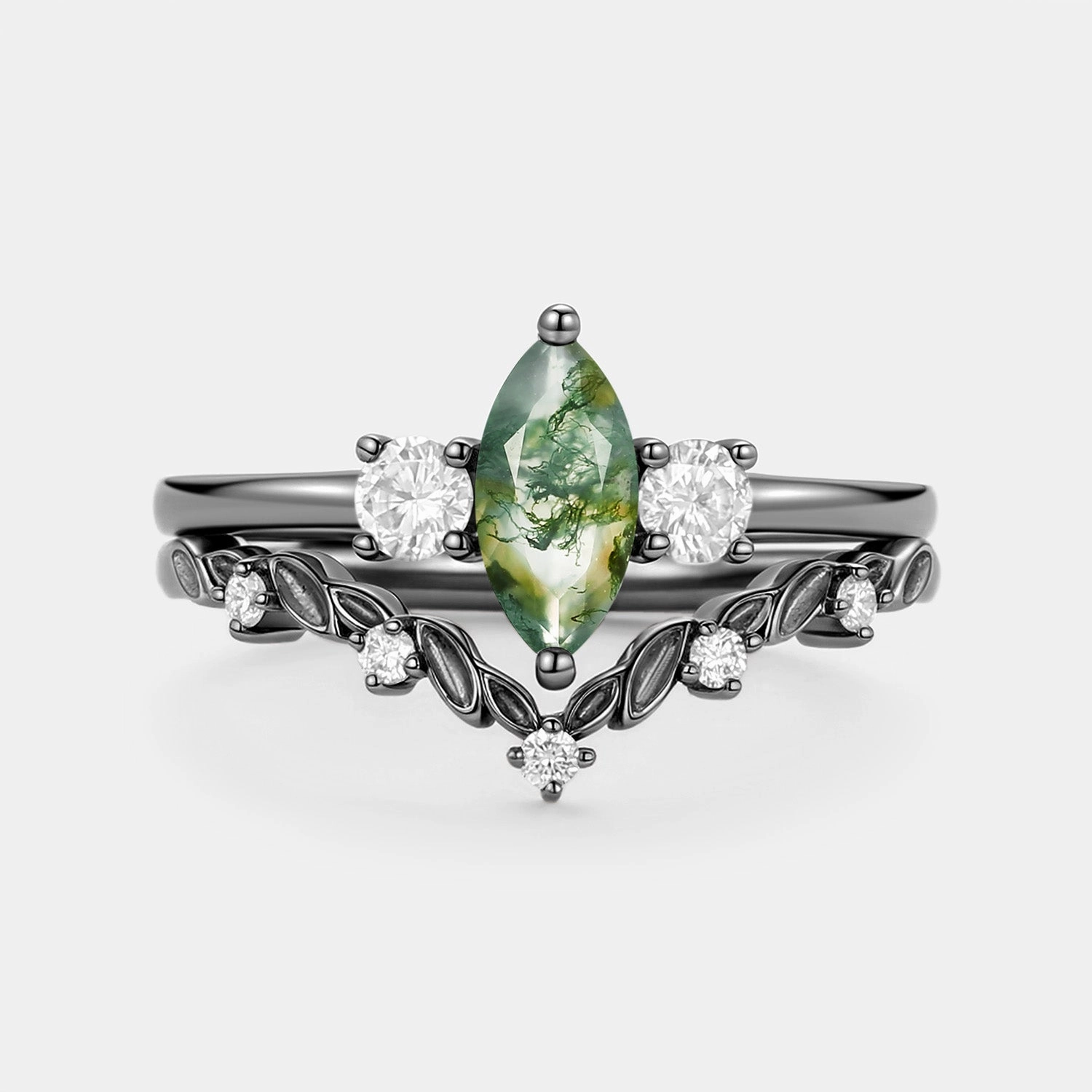 Marquise Cut Moss Agate Leafy Engagement Ring Sets 2pcs - Penny Artisan Glam Sparkling Craft