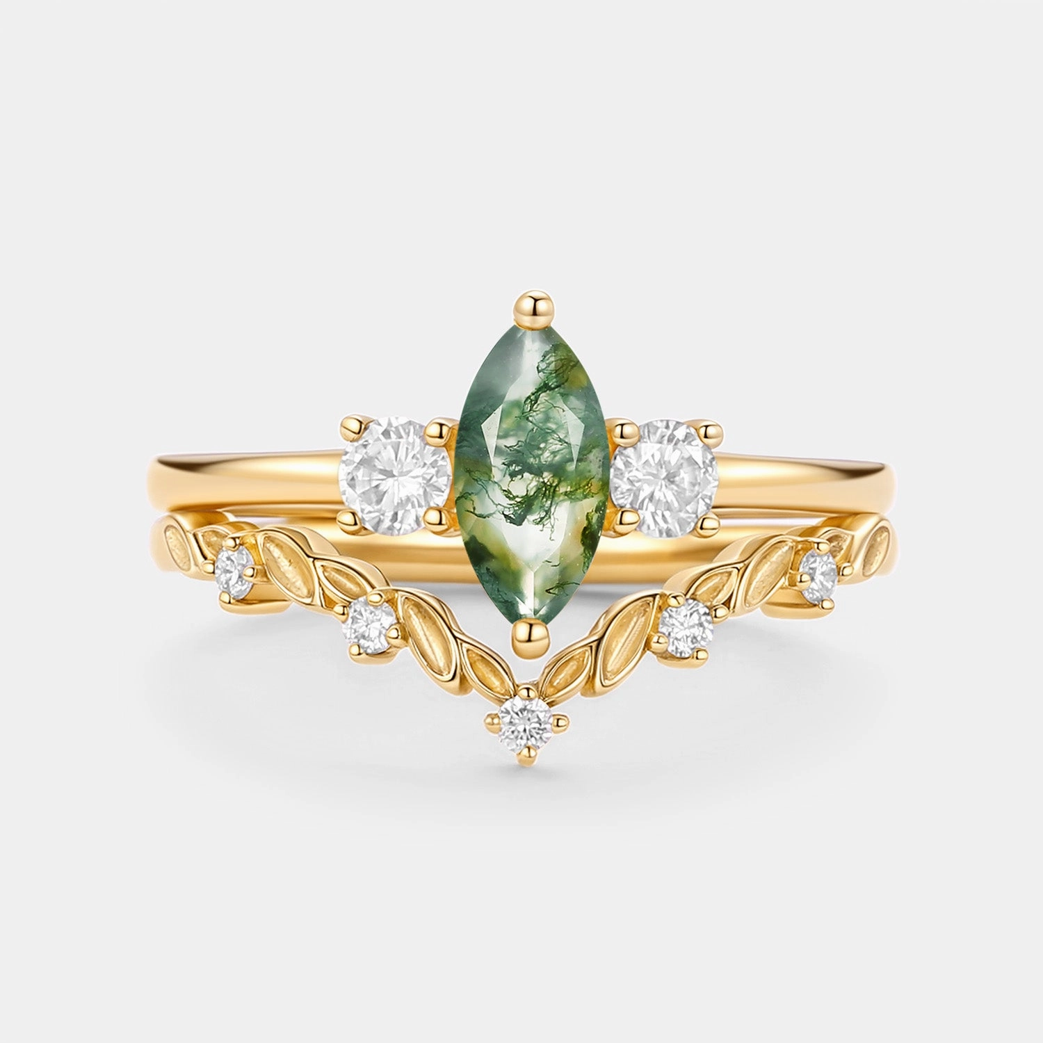 Marquise Cut Moss Agate Leafy Engagement Ring Sets 2pcs - Penny Minimalist Look Soft Lighting