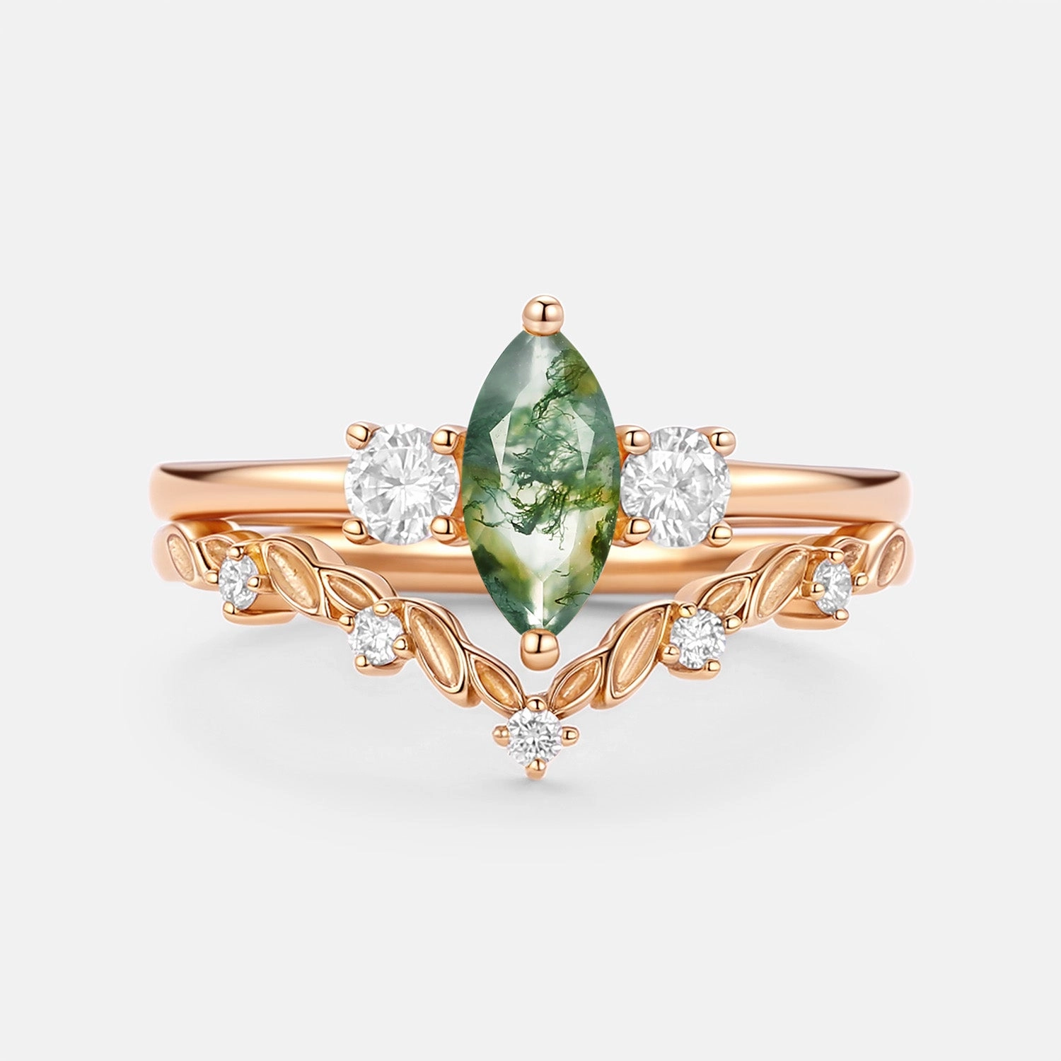 Marquise Cut Moss Agate Leafy Engagement Ring Sets 2pcs - Penny Modern Look Modern Detailing