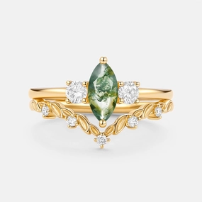 Marquise Cut Moss Agate Leafy Engagement Ring Sets 2pcs - Penny Minimalist Look Soft Lighting