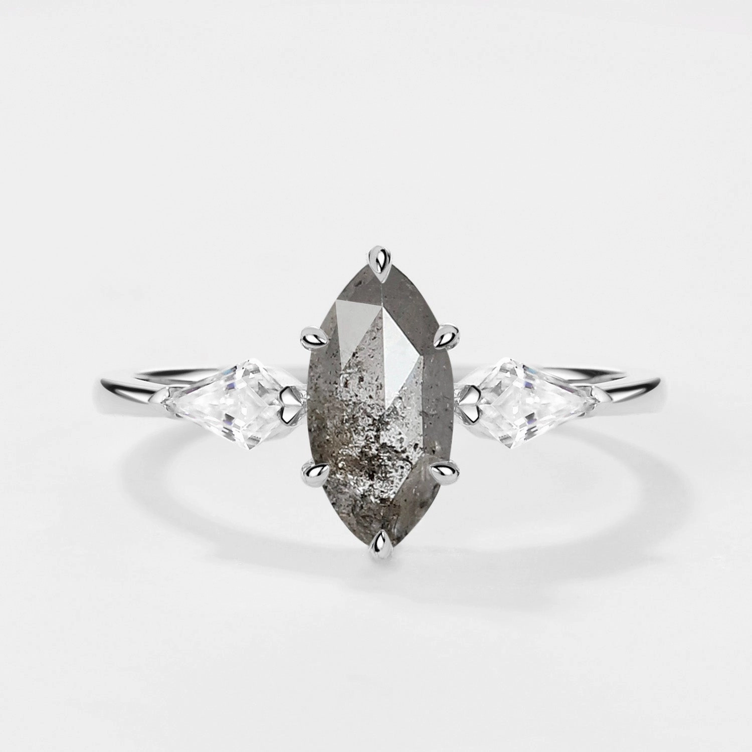 Luxe Look Marquise Cut Salt and Pepper Diamond Three-stone Engagement Ring