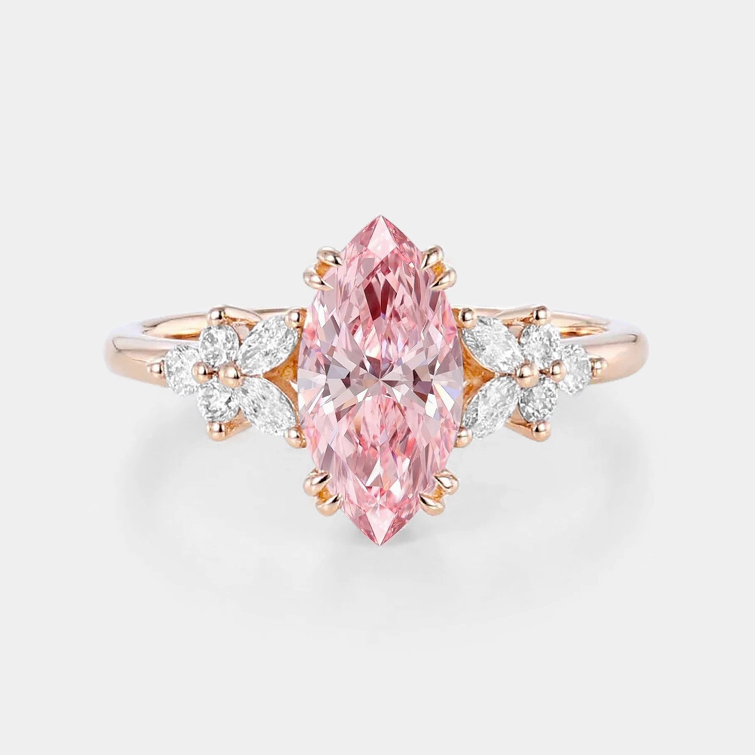 Daytime Style Marquise Lab Pink Diamond Cluster Engagement Ring - Arbor