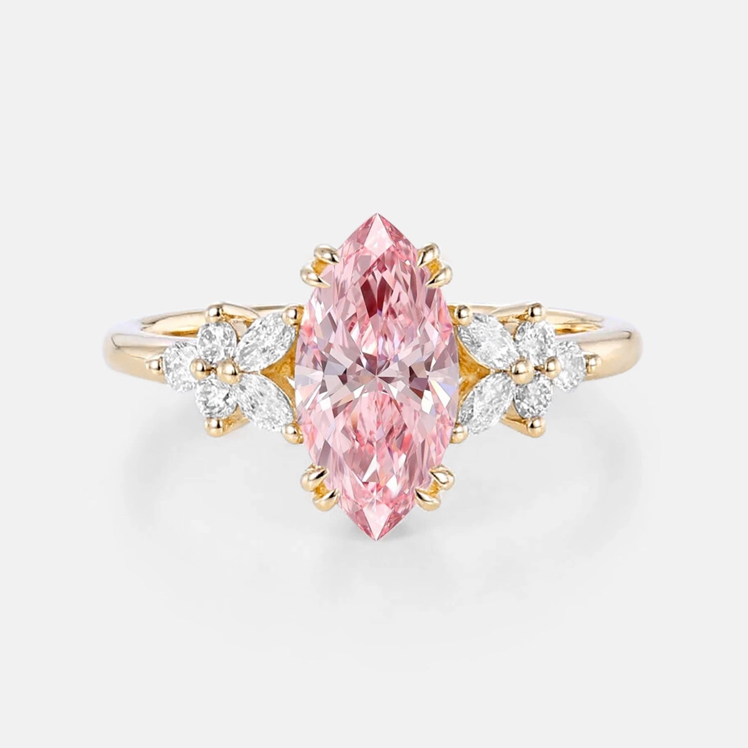 Sculpted Sparkle Polished Piece Marquise Lab Pink Diamond Cluster Engagement Ring - Arbor