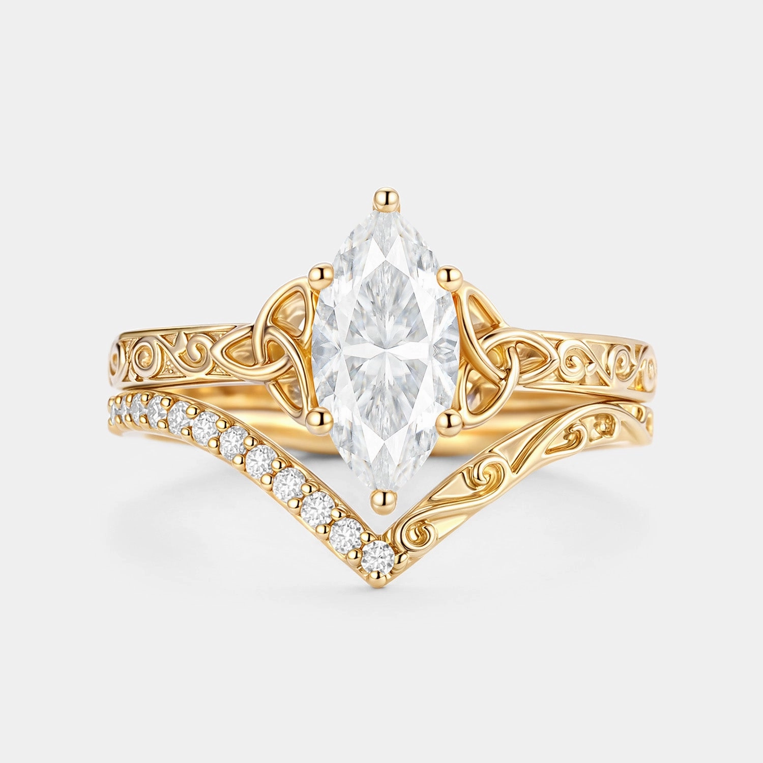 Marquise Moissanite Engraved Engagement Ring Set 2pcs - Willa Creative Match Soft Statement