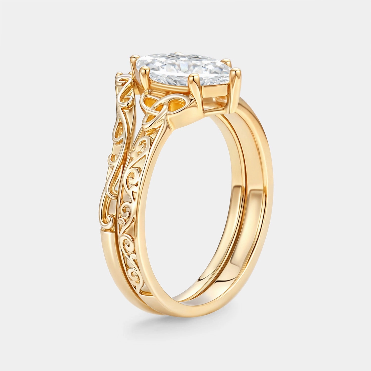 Marquise Moissanite Engraved Engagement Ring Set 2pcs - Willa Premium Accent Impeccable Highlight