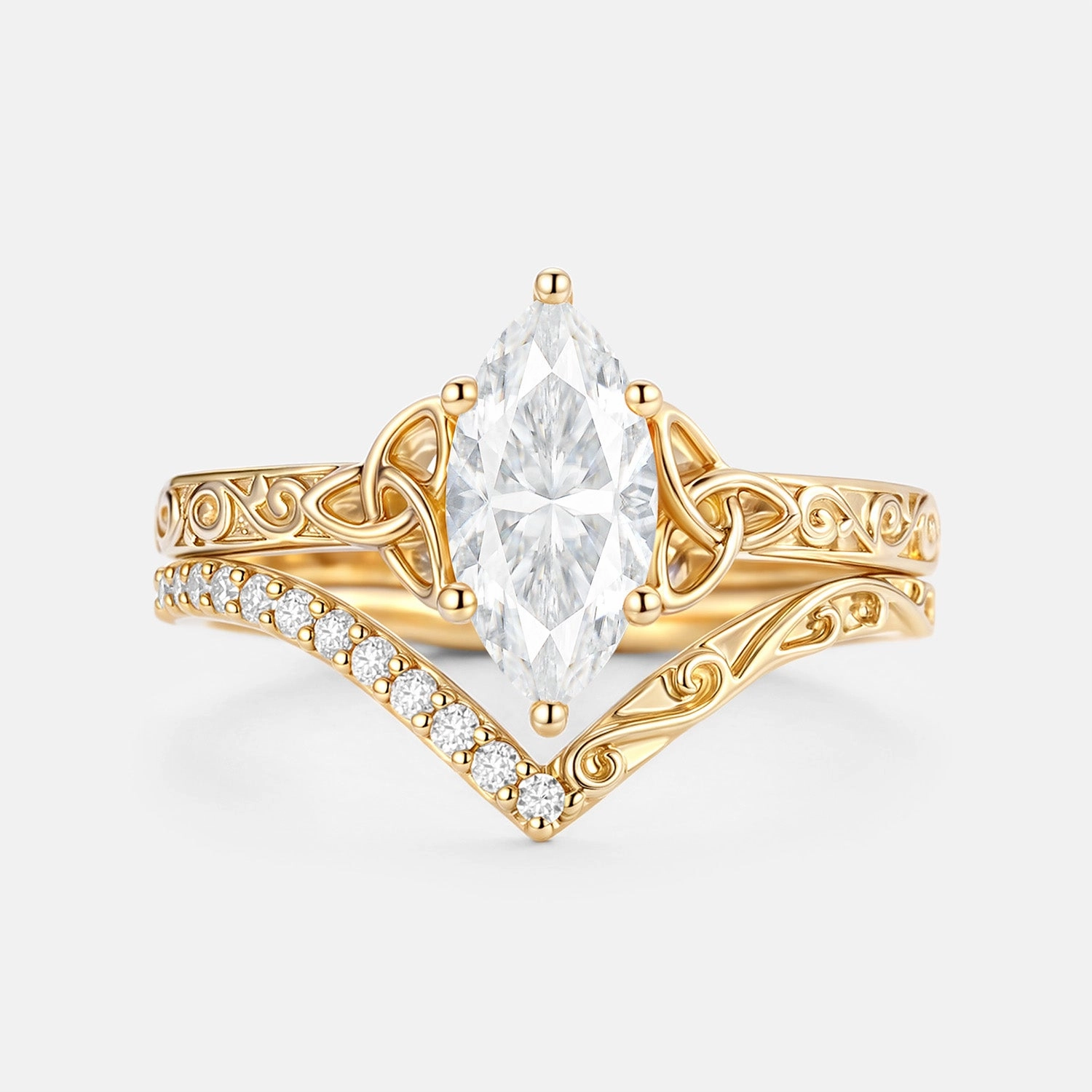 Handcrafted Jewelry Finish Marquise Moissanite Engraved Engagement Ring Set 2pcs - Willa