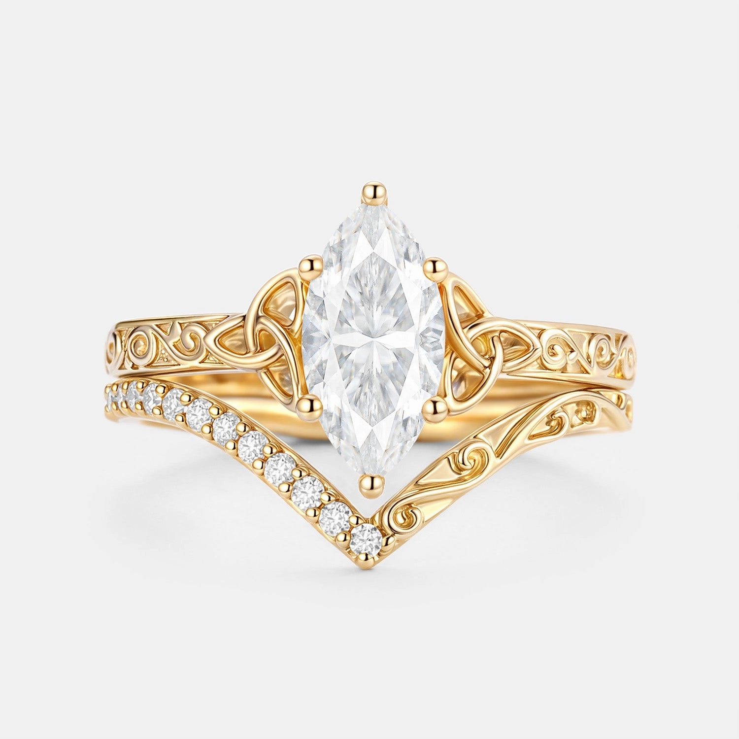 Marquise Moissanite Engraved Engagement Ring Set 2pcs - Willa Contemporary Touch Fresh Detail