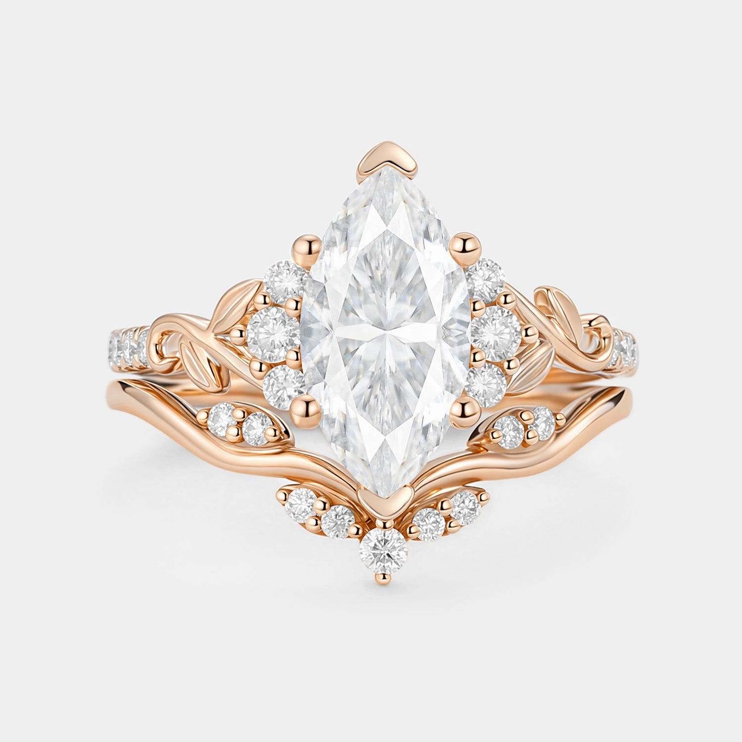 Vogue Piece Marquise Moissanite Leafy Engagement Ring Sets 2pcs - Cometia
