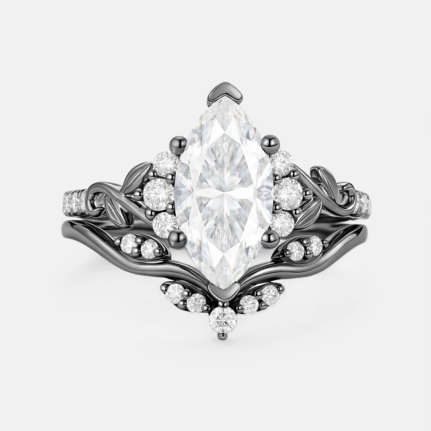 Exclusive Design Marquise Moissanite Leafy Engagement Ring Sets 2pcs - Cometia