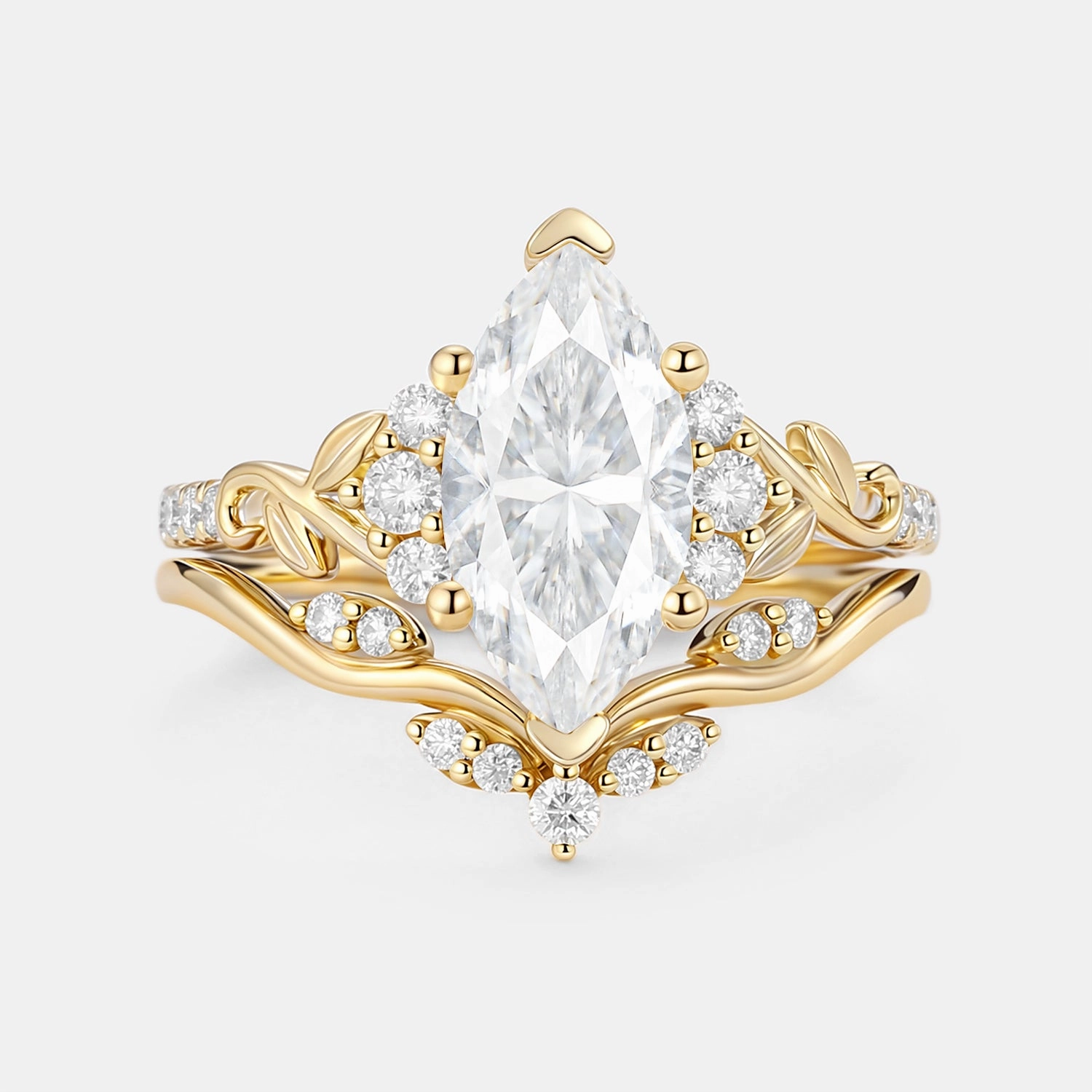 Natural Finish Dainty Finish Marquise Moissanite Leafy Engagement Ring Sets 2pcs - Cometia