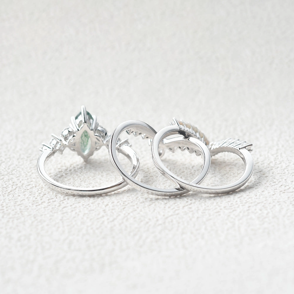 Marquise Moss Agate Pearl-fect Engagement Ring Set 3pcs Daily Accent