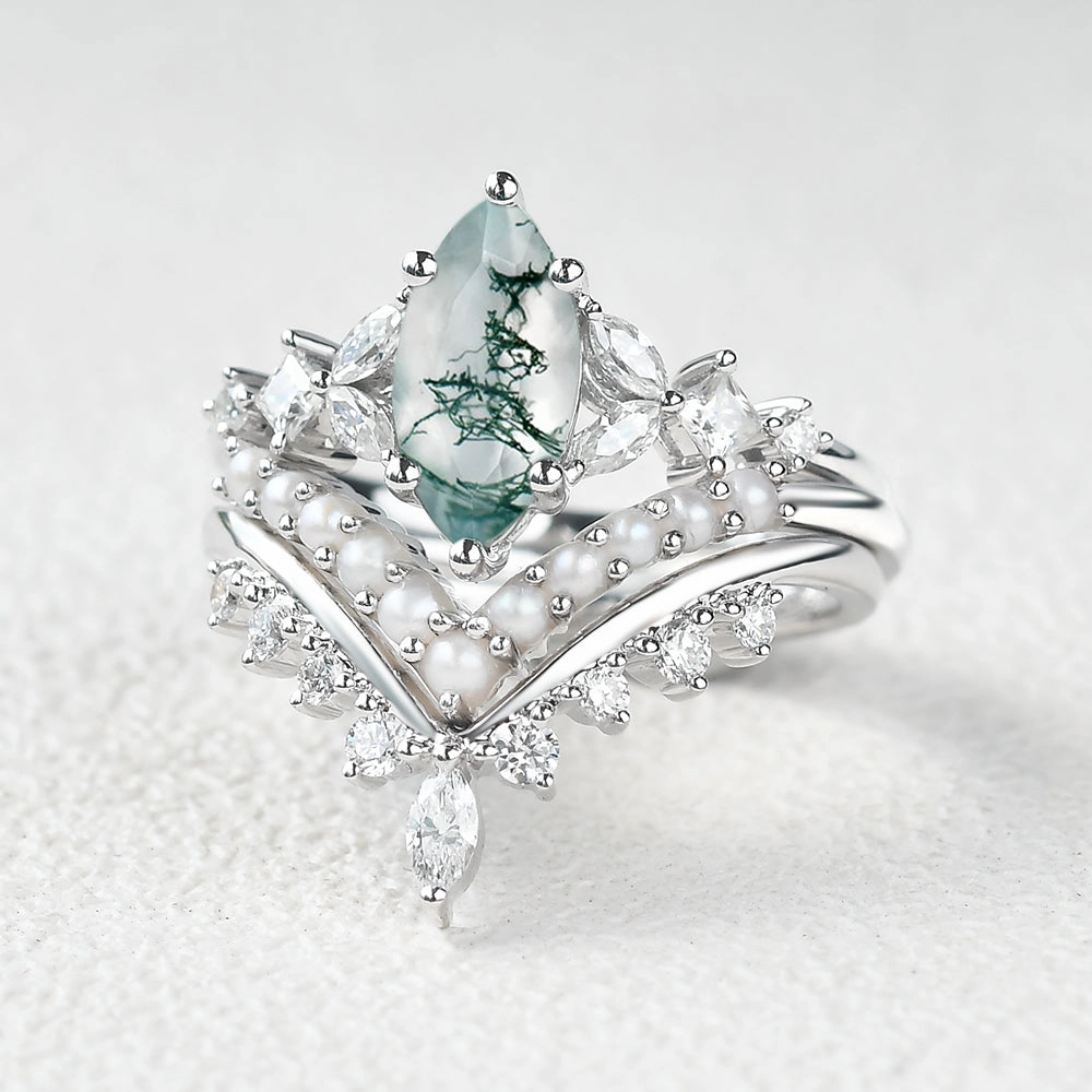 handmade touch Marquise Moss Agate Pearl-fect Engagement Ring Set 3pcs