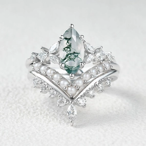 Marquise Moss Agate Pearl-fect Engagement Ring Set 3pcs Premium Detail Distinctive Look