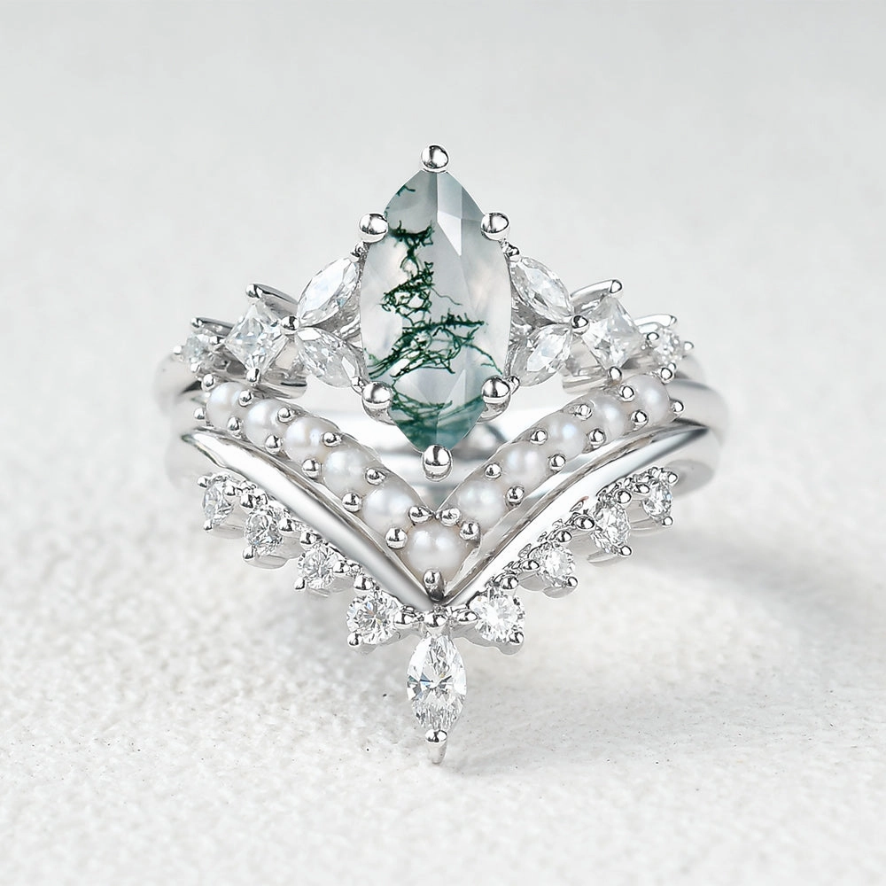 Delicate Layer Marquise Moss Agate Pearl-fect Engagement Ring Set 3pcs
