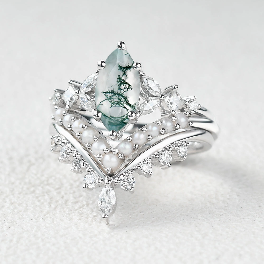 Urban Fit Marquise Moss Agate Pearl-fect Engagement Ring Set 3pcs