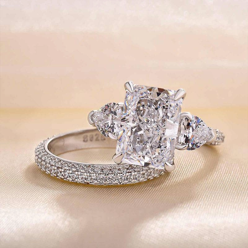 Evening Look Romantic Gesture Louily Luxurious Radiant Cut & Heart Cut Three Stone Wedding Set In Sterling Silver
