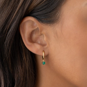 May Birthstone Drop Huggie Earrings - Green Chalcedony Polished Detail