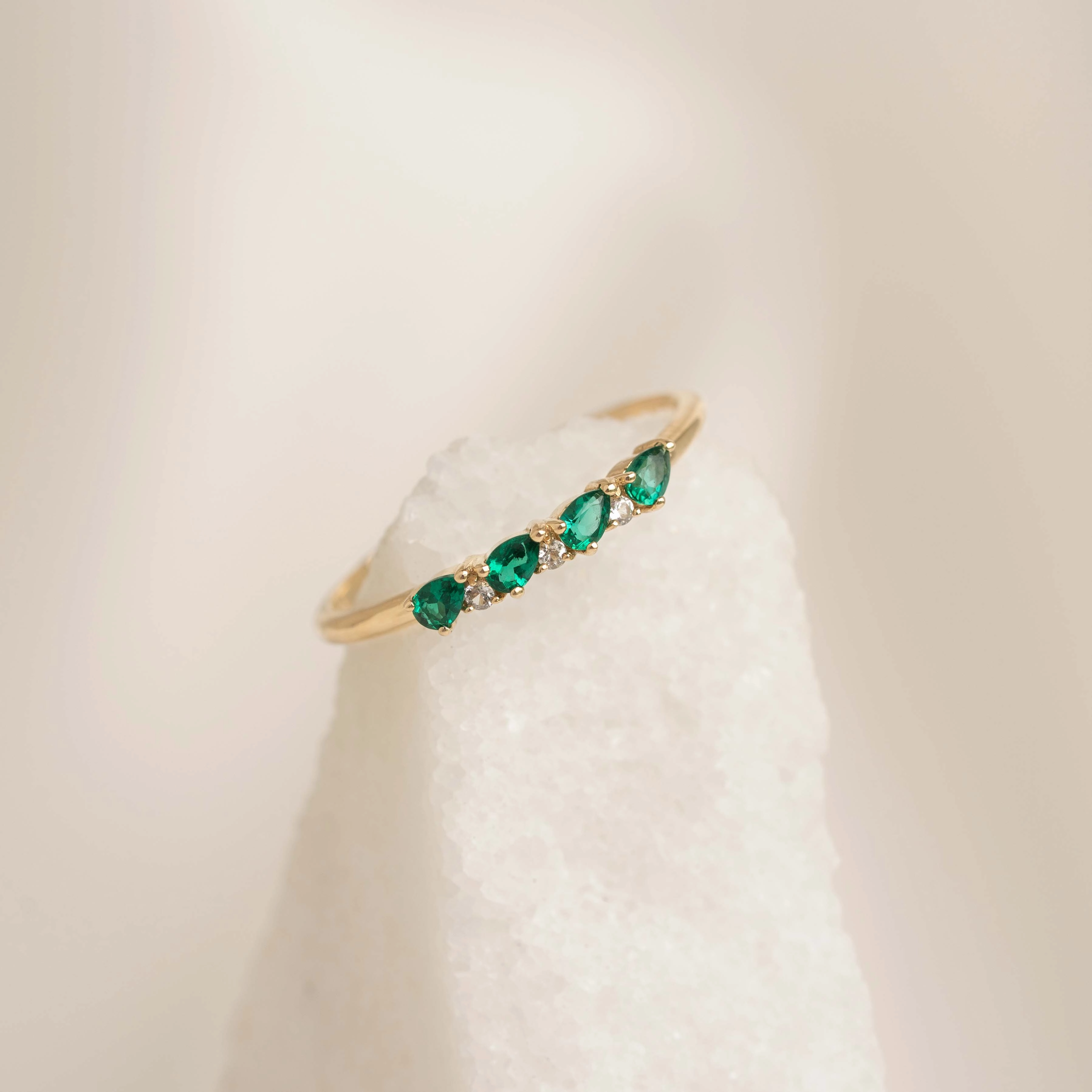 Rounded Corner Contemporary Touch May Birthstone Pear Ring 14k Gold - Emerald and Diamond