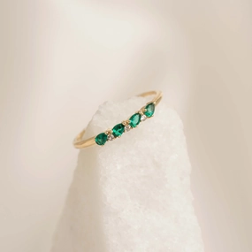 Minimal Gift Patterned Surface May Birthstone Pear Ring 14k Gold - Emerald and Diamond