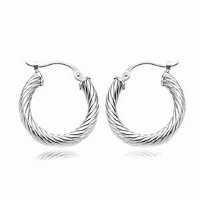 Medium Twisted Hoop Earrings 14K White Gold 3x17mm Soft Features Polished Form