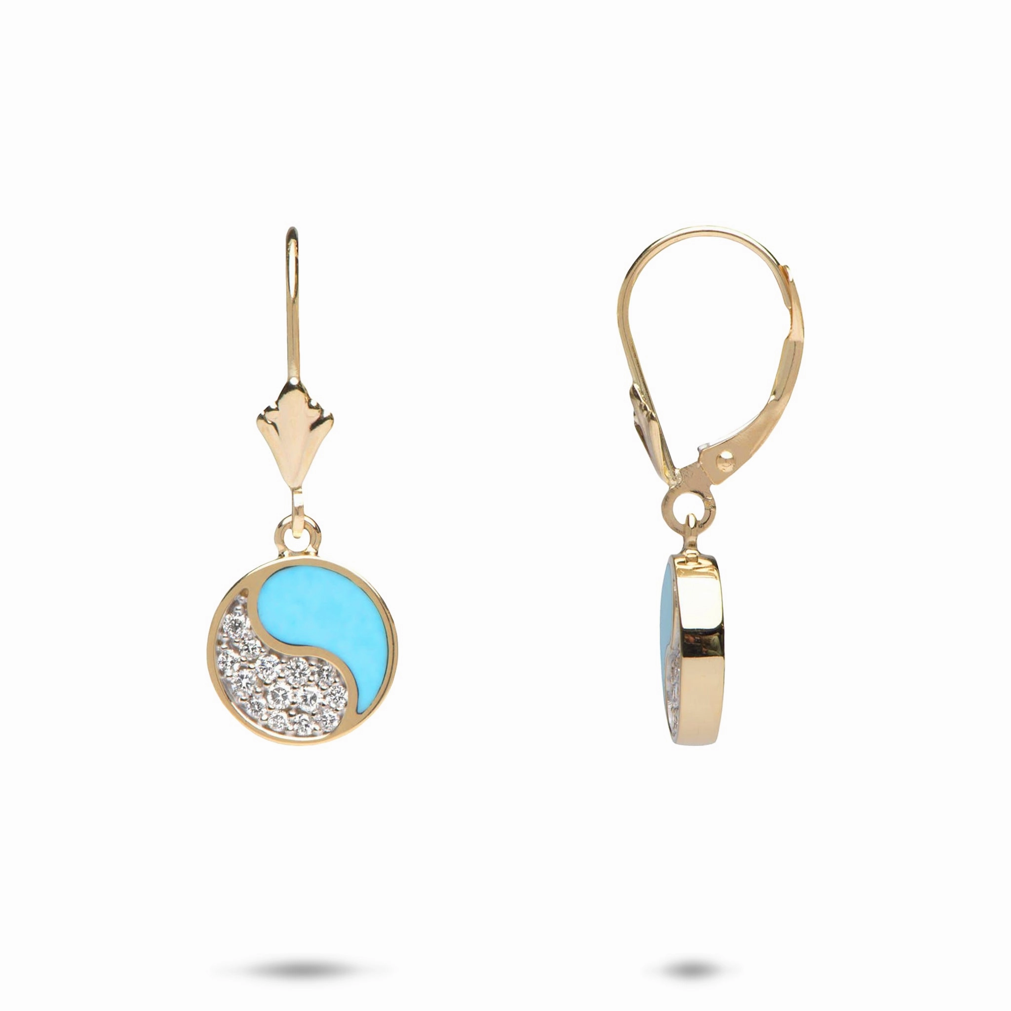 Luxurious Accessory Yin Yang Turquoise Earrings in Gold with Diamonds - 10mm