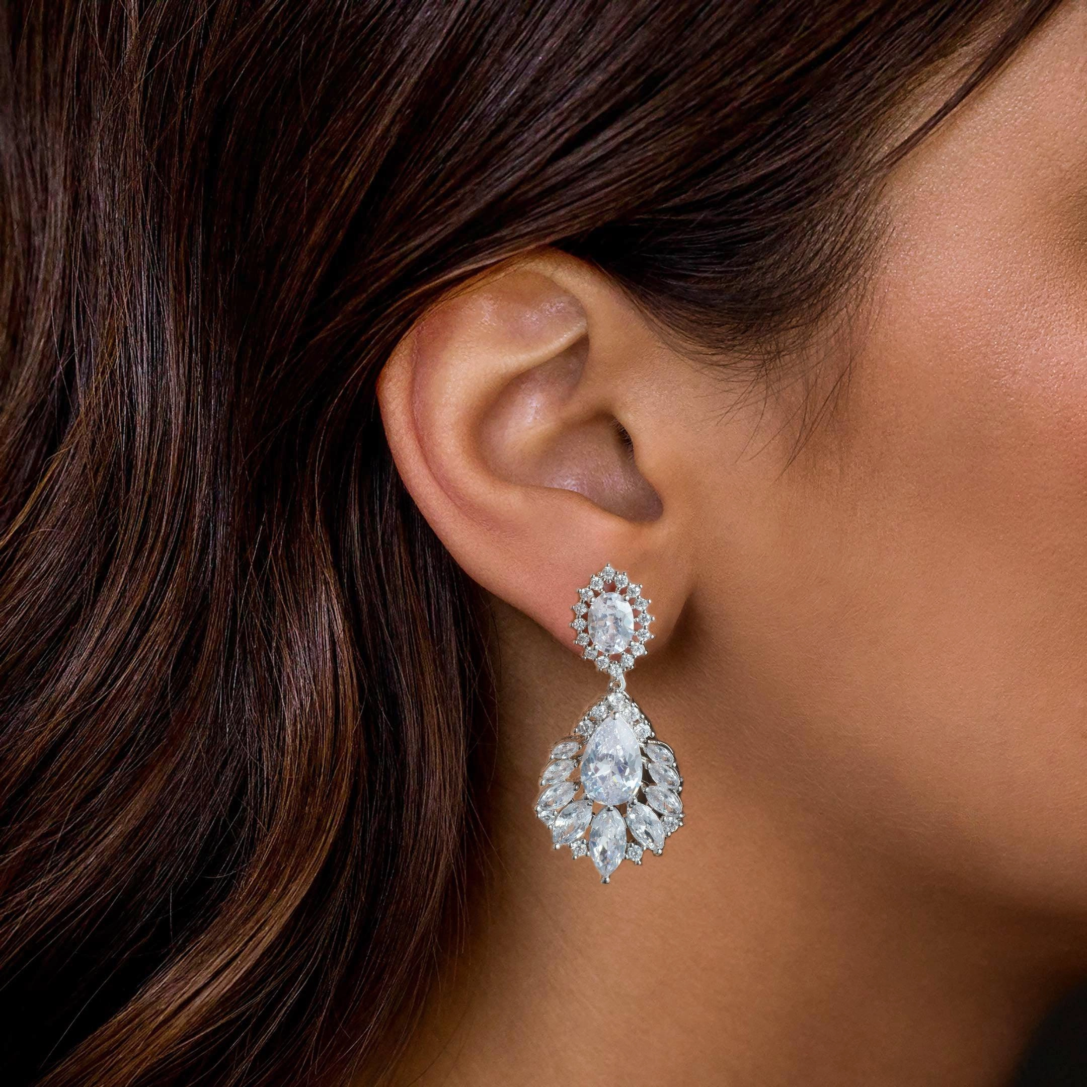 Felicegals Stimulated Diamond Pear Drop Earrings Round Jewelry