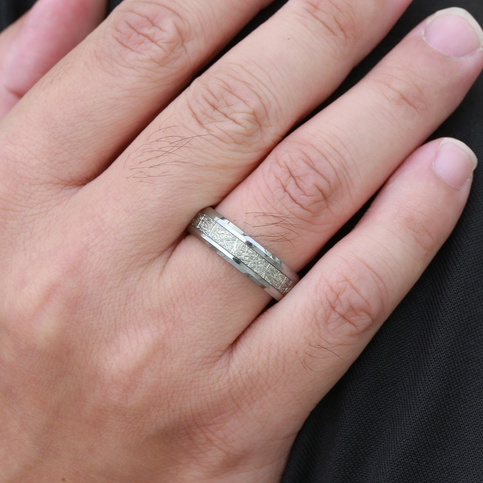 Meteorite Stripe White Gold Couple Men's Wedding Band Warm Light