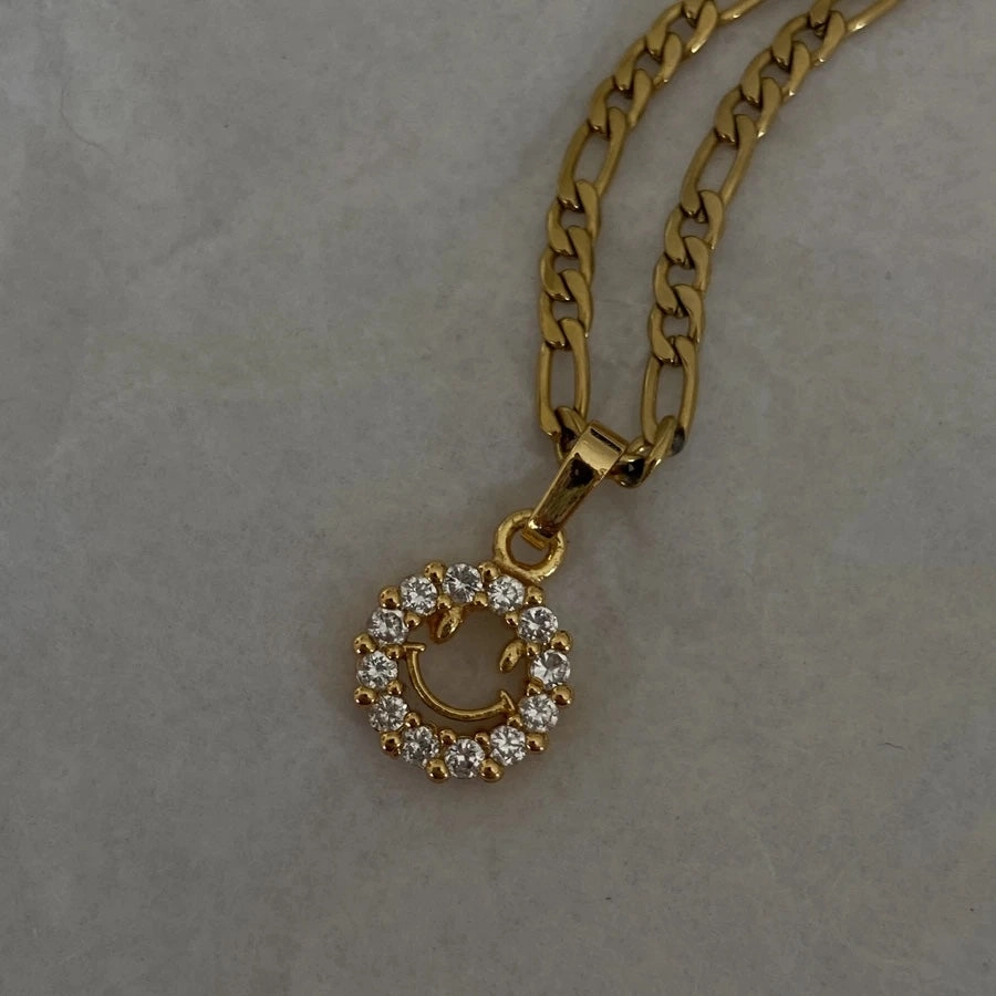 Micro Paved Smiley Pendant on Figaro/Herringbone/Rhinestone Necklace Chain Soft Style Superior Piece