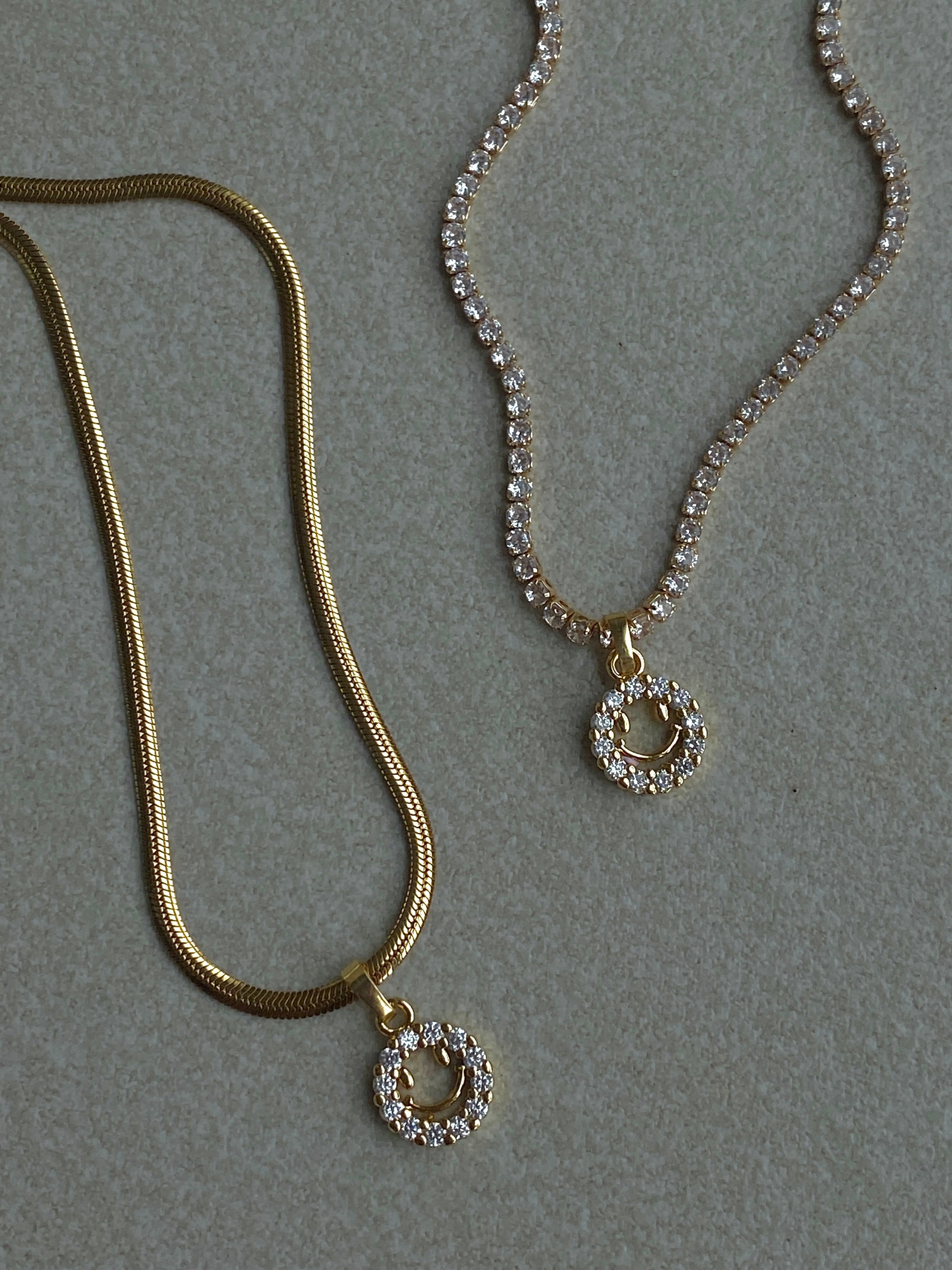 Pretty Adornment Micro Paved Smiley Pendant on Figaro/Herringbone/Rhinestone Necklace Chain