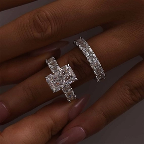 Luxurious Gem 5.0Ct Luxe Radiant Cut Half Engagement Ring Travel Ring With Radiant Cut Half Wedding Band